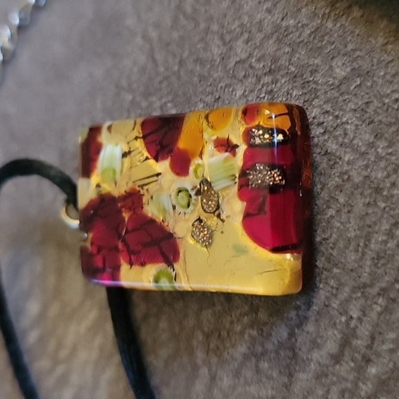 MURANO Rectangle Red Gold Metallic Art Glass Pendant Rope Necklace - Picture 3 of 5